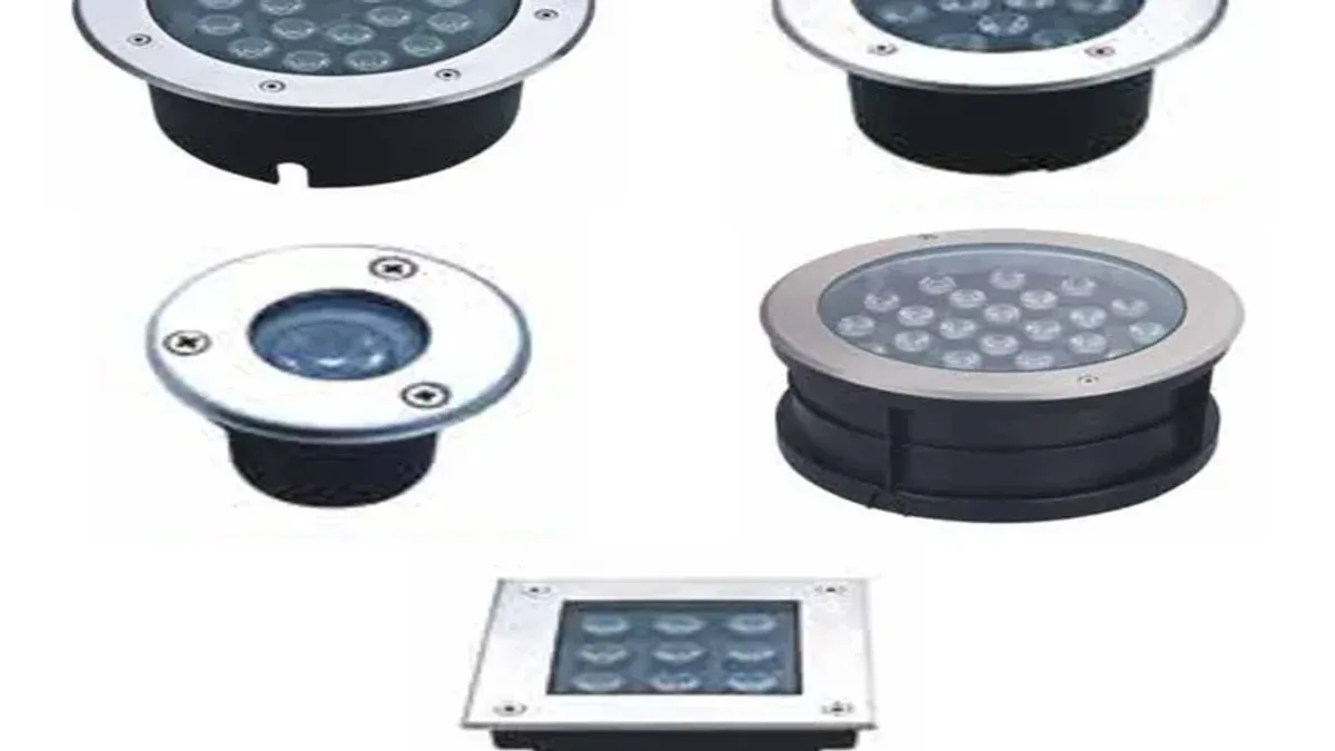 LED in-ground and well light fixtures from a landscape lighting series, the type normally wired as a multi-fixture string on a low-voltage run