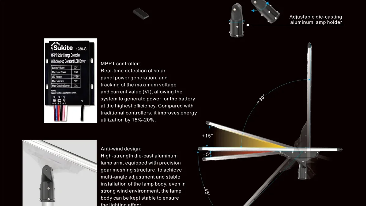 VOLTIC integrated solar street light structural details from a datasheet page: bracket, angle adjustment, controller enclosure and battery, the items an installation specification inspects