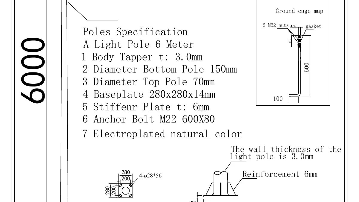 Solar street light pole base drawing showing the ground cage, M22 anchor bolts and flange that form the pole's earthing and bonding path