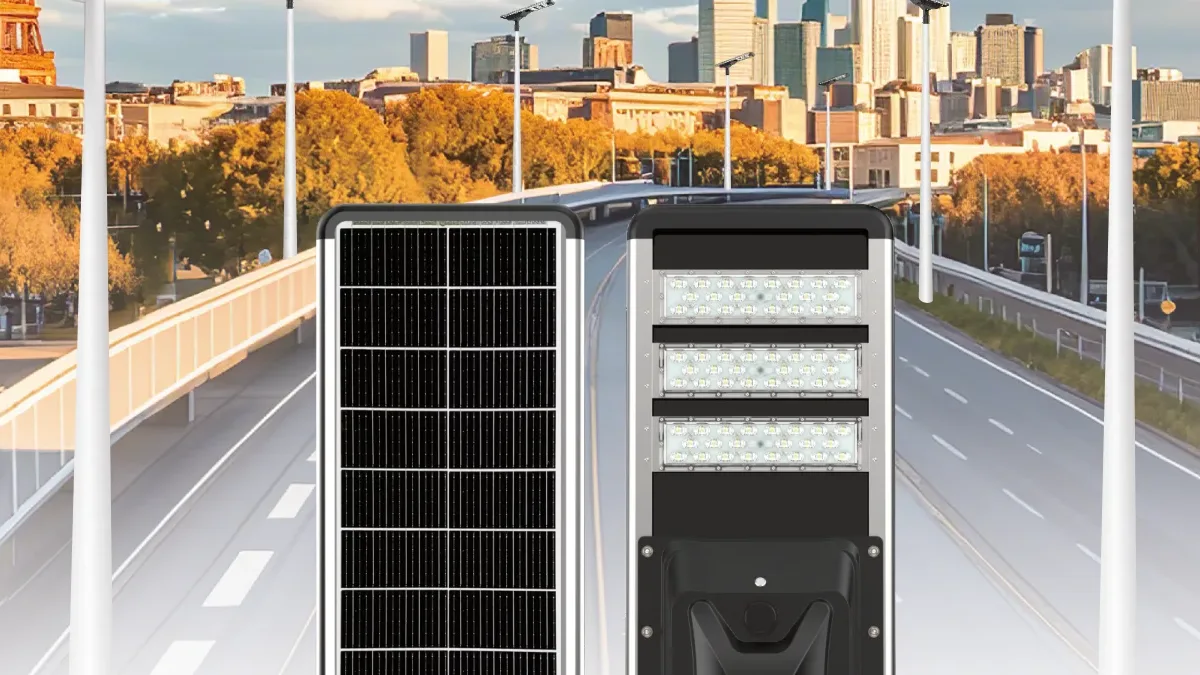 VOLTIC ZHENYE SERIES integrated solar street light head showing the monocrystalline solar panel and the DC LED modules that are powered from the battery without an inverter
