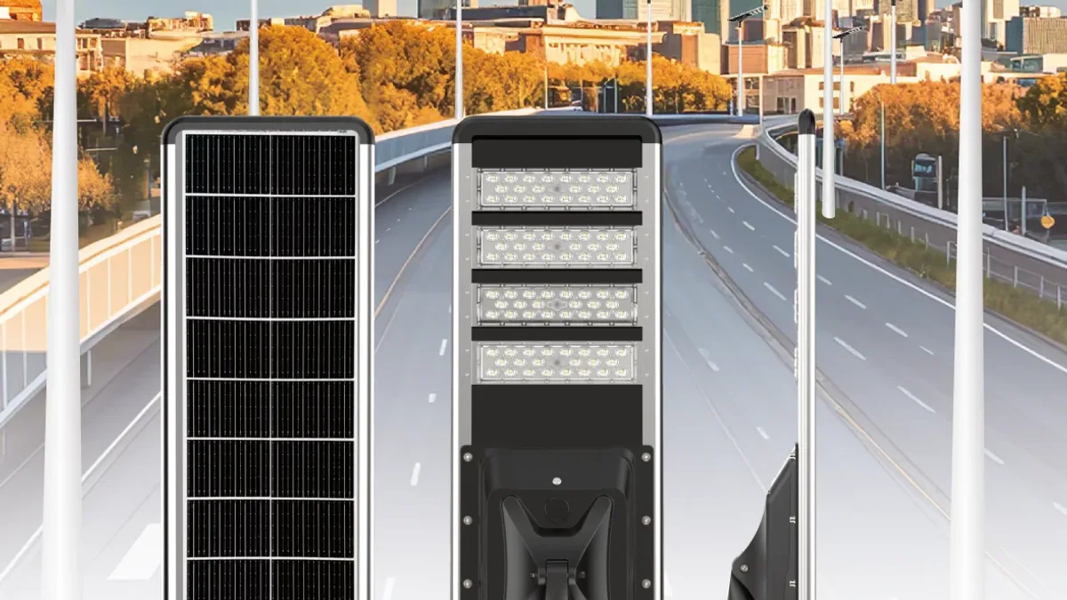 Integrated solar street light with panel, LED head and bracket in one housing, where the charge controller and any monitoring module sit inside the body