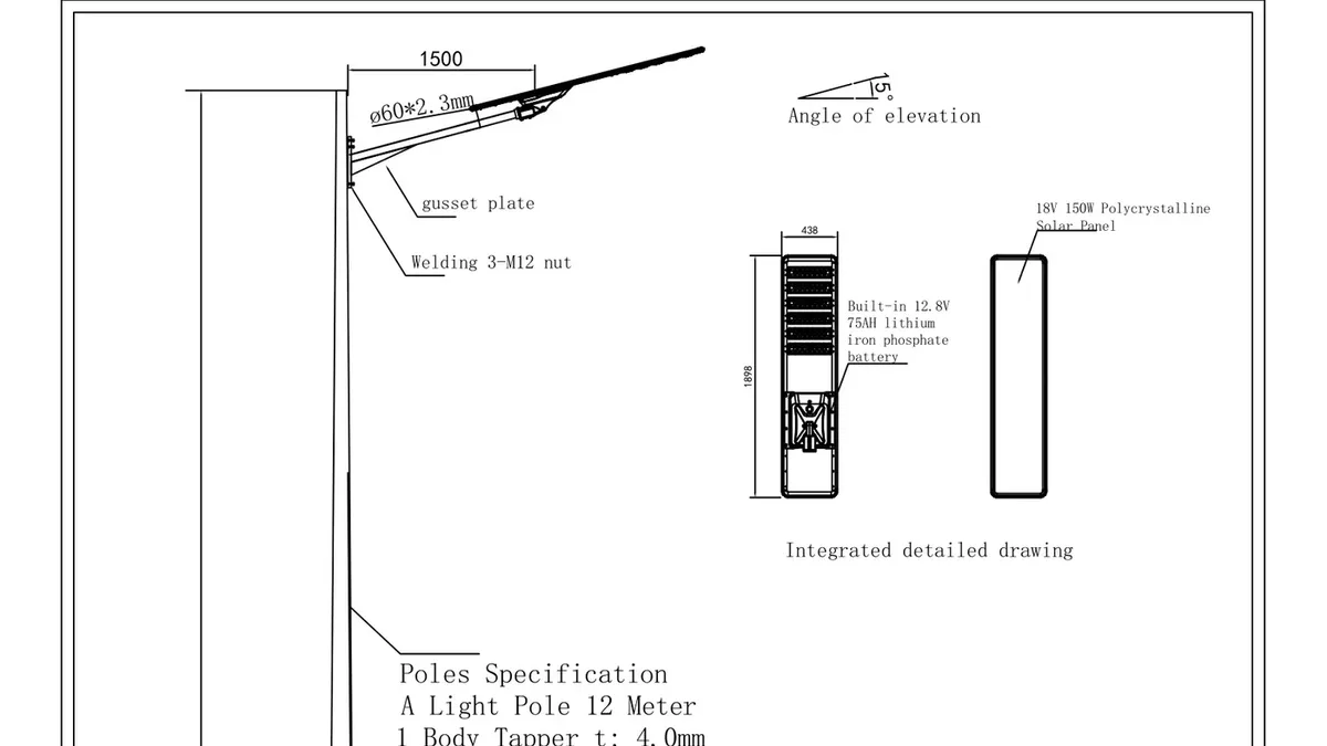 Pole drawing used for a solar street light retrofit showing arm length, gusset plate, welded mounting nut and panel tilt angle
