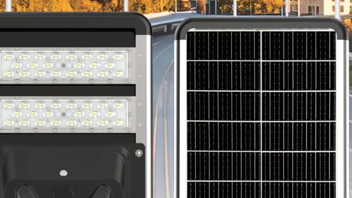 VOLTIC ZHENYE SERIES integrated solar street light showing the monocrystalline solar panel and the LED module in one die-cast aluminium housing