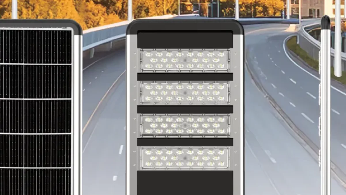 VOLTIC ZHENYE SERIES all-in-one solar street light showing the monocrystalline solar panel and the LED module in one integrated housing