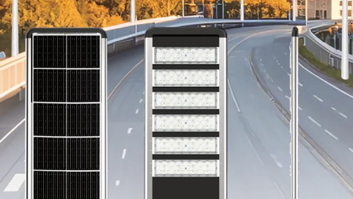 VOLTIC ZHENYE SERIES integrated solar street light shown from the solar panel side and the LED side, the two components buyers specify before requesting a wholesale quotation