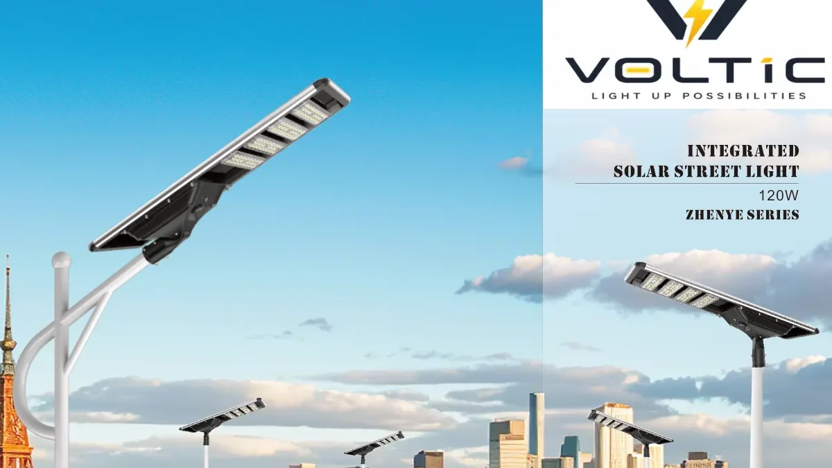 VOLTIC ZHENYE integrated solar street light heads mounted on poles along a multi-lane highway