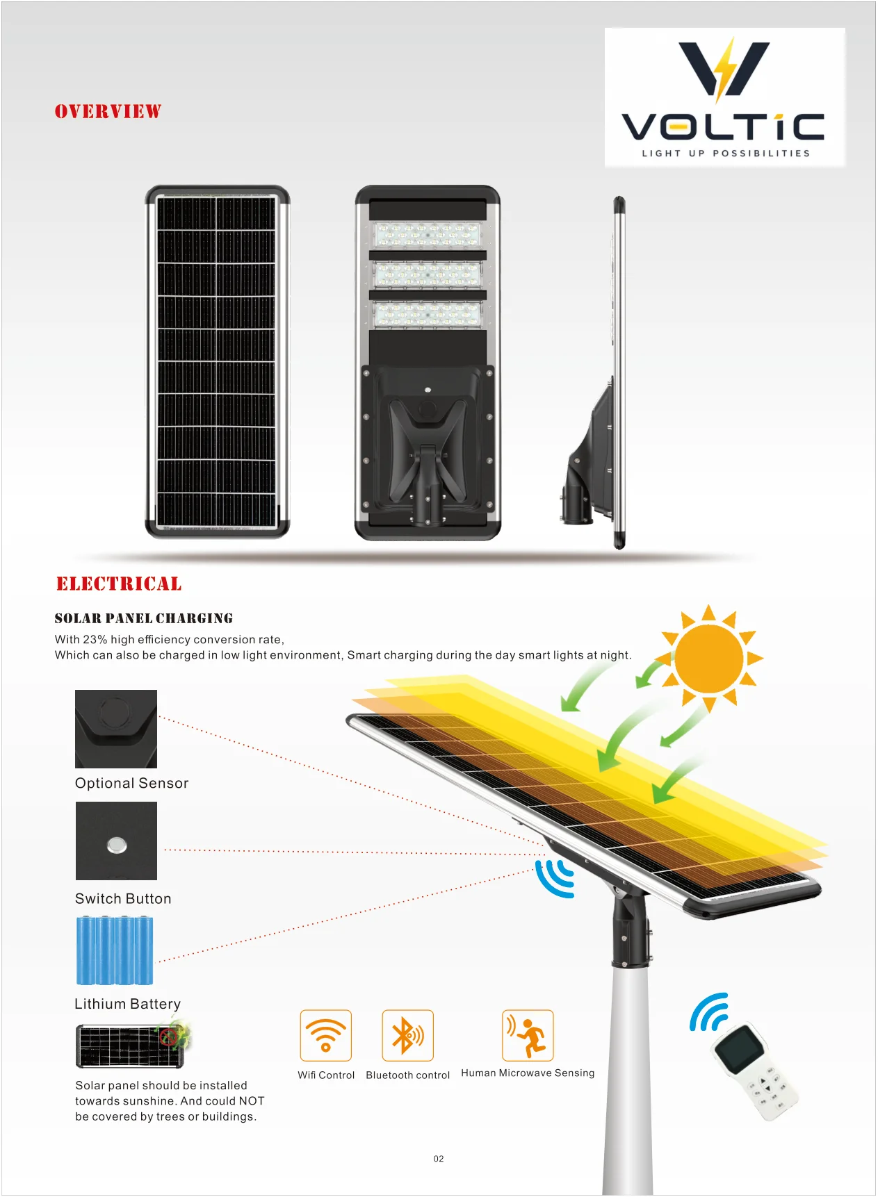 150W Integrated Solar Street Light specification page 2 - dimensions, technical parameters, and installation details