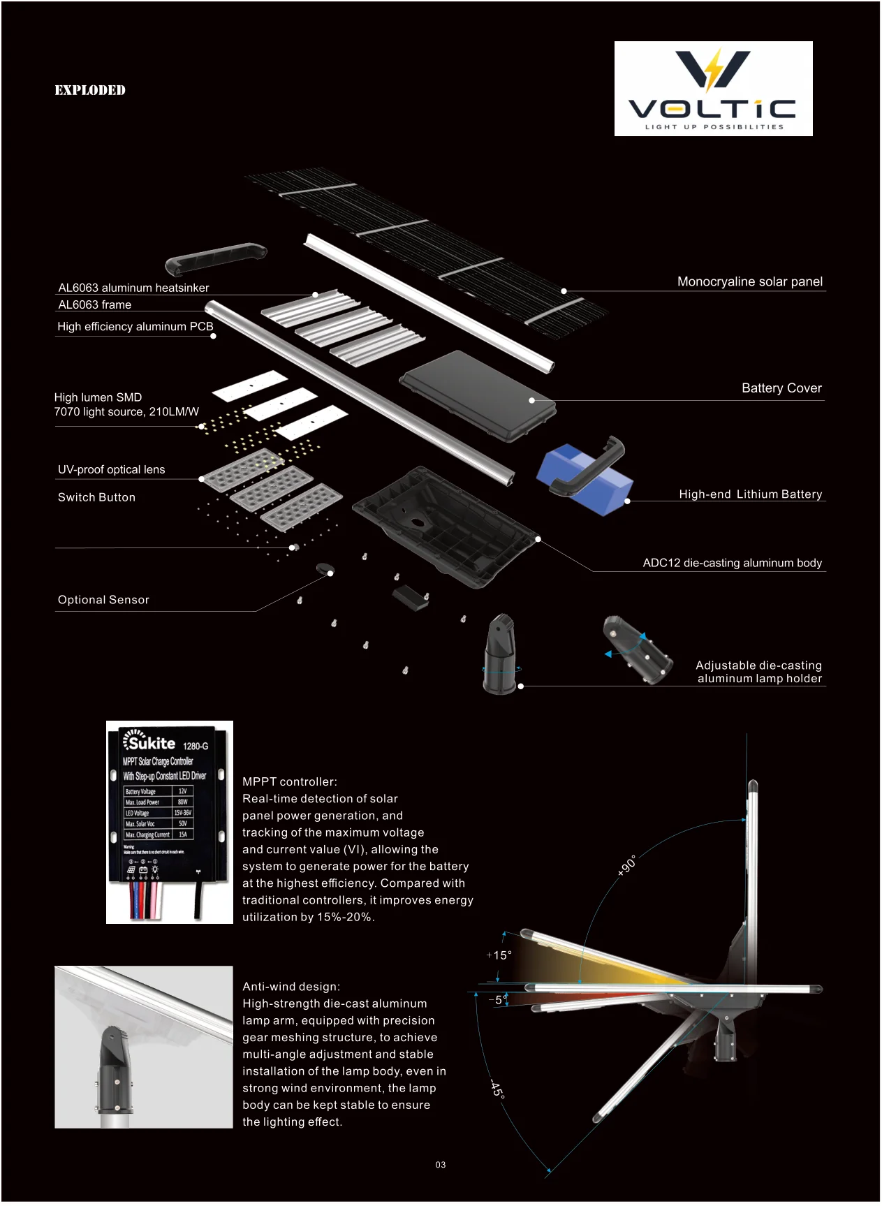 150W Integrated Solar Street Light specification page 3 - dimensions, technical parameters, and installation details
