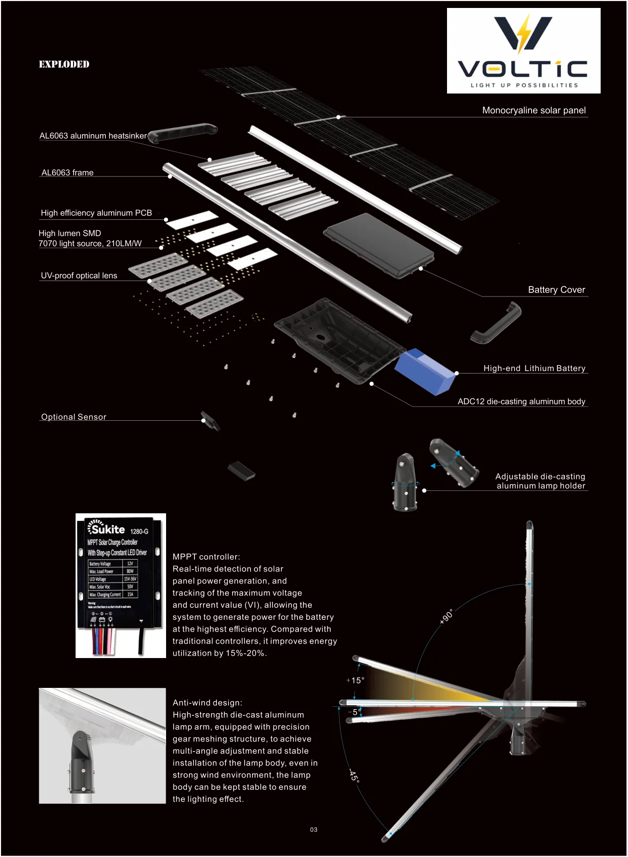 200W Integrated Solar Street Light specification page 3 - dimensions, technical parameters, and installation details