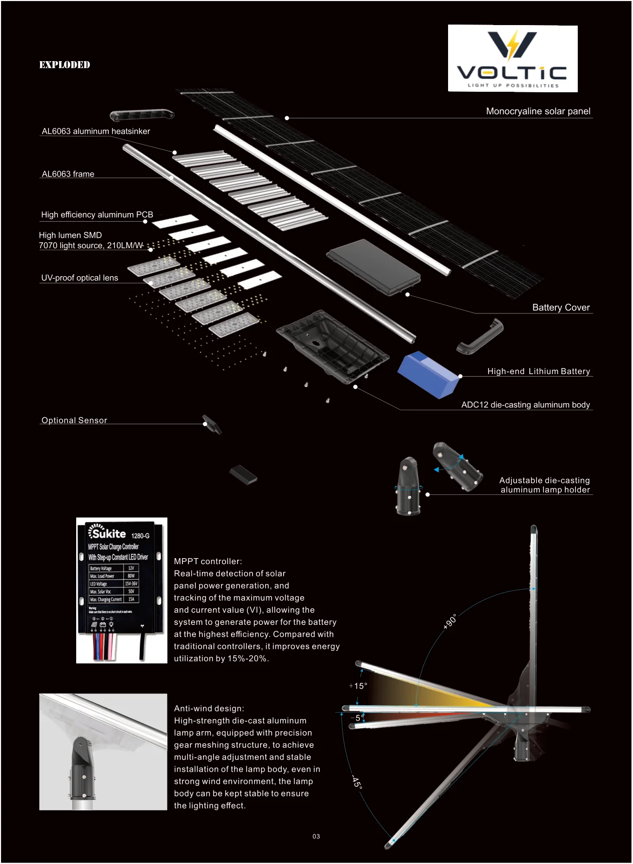 300W Integrated Solar Street Light specification page 3 - dimensions, technical parameters, and installation details