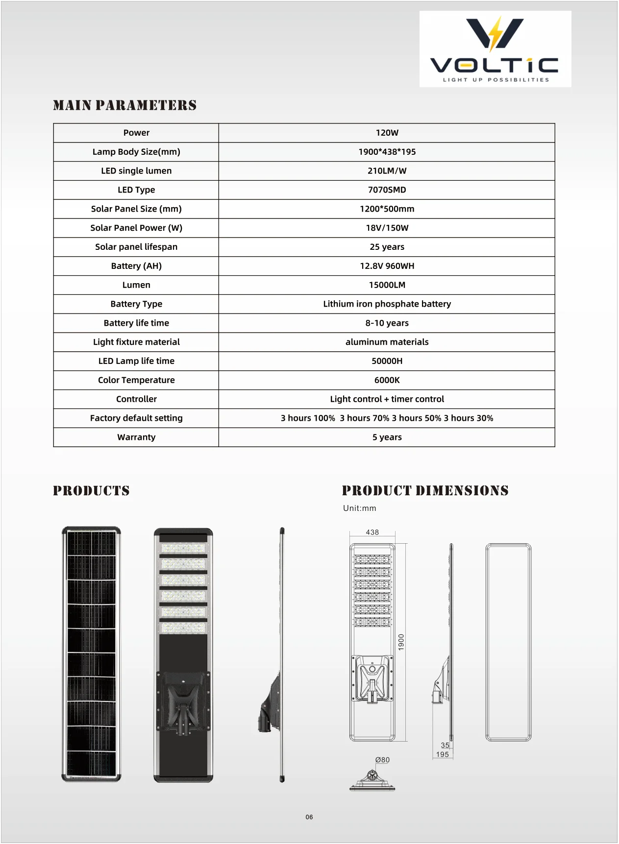 300W Integrated Solar Street Light specification page 6 - dimensions, technical parameters, and installation details